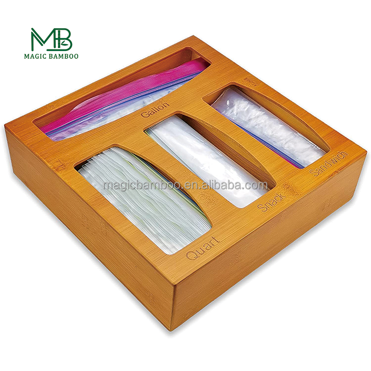 Versatile Bamboo Ziplock Bag Storage Organizer for Kitchen Countertop Classification