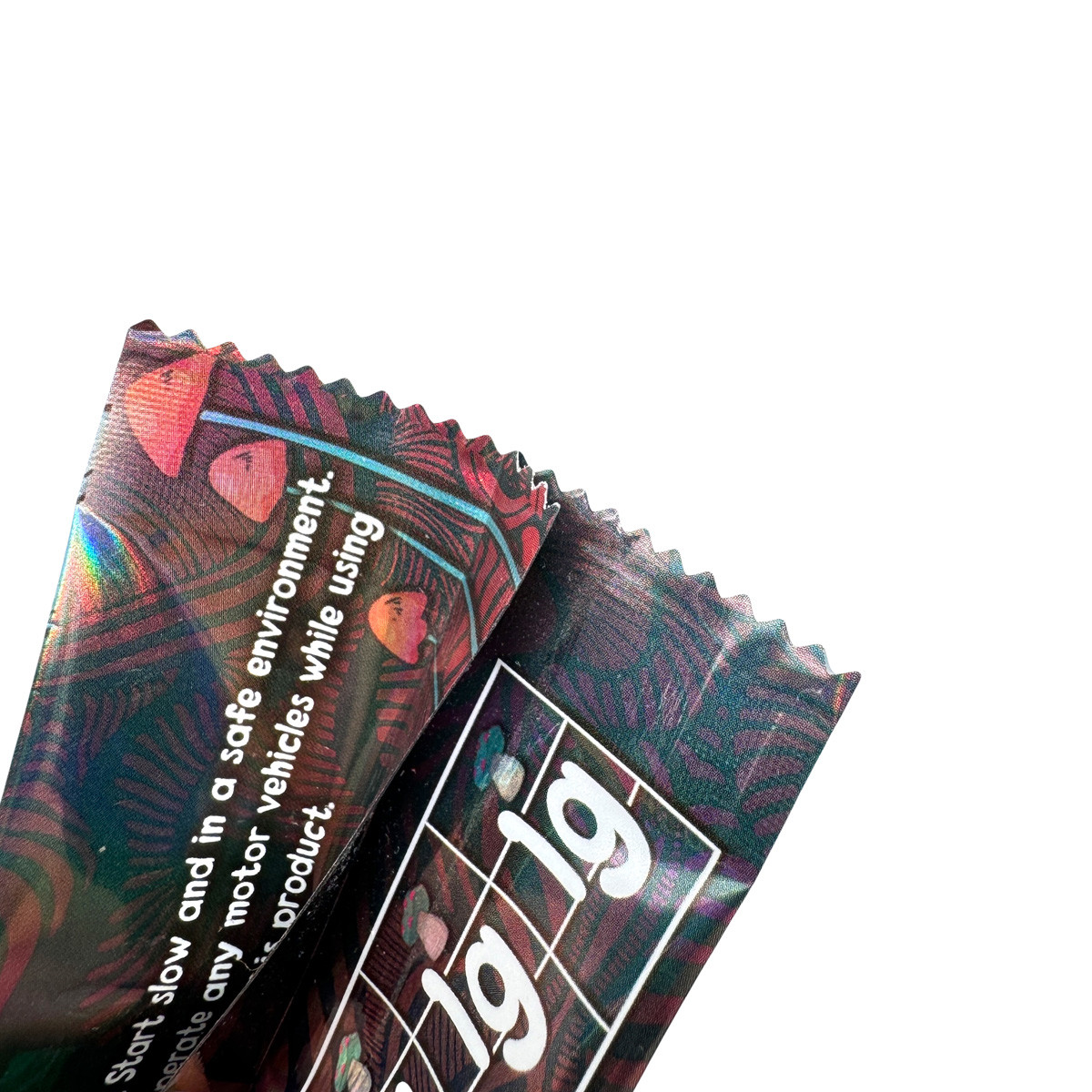 4 Grams Holographic Fin Seal Pouch with Jagged Tear Notch on Top Bottom for Milk Chocolate Bar Mushrooms Candy Packaging