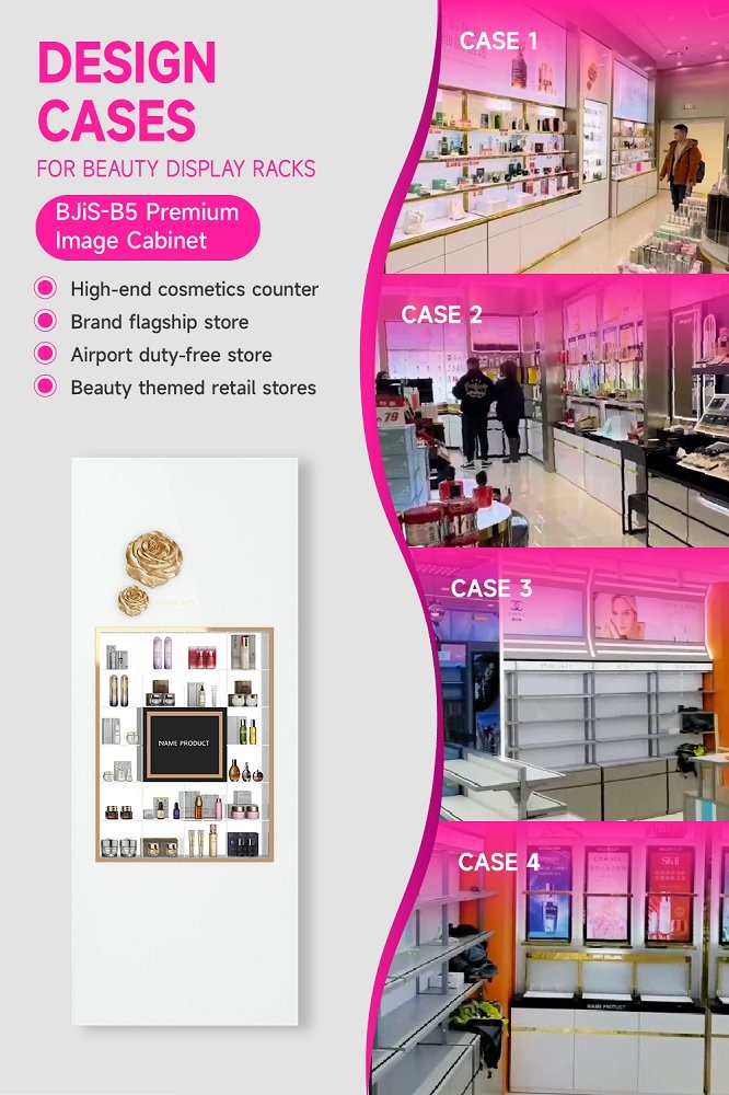 BJiS-B5 Golden Mirror Material Skincare Display Cabinet with LED Strip Lights for High-End Makeup