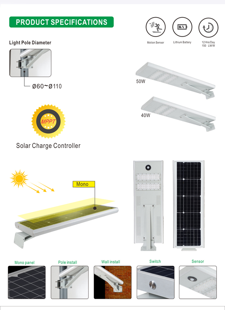 Polycrystalline 10V/40-60W Aluminum IP65 Integrated All In One Solar Street Light