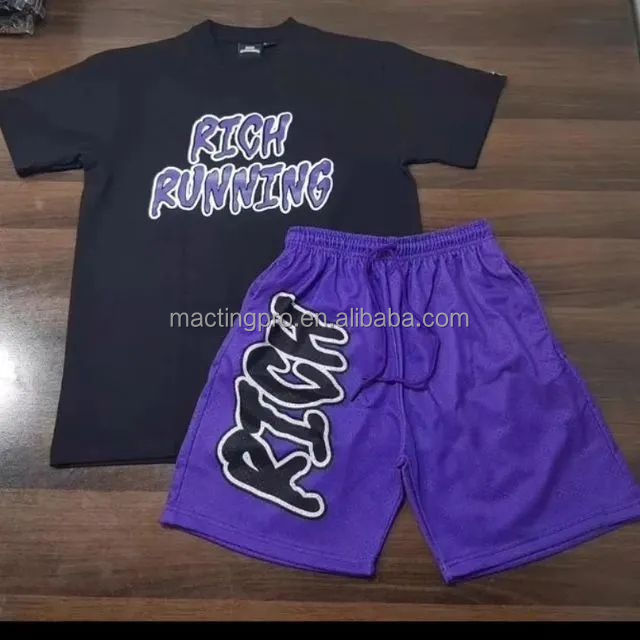 Customized Labels Men's 2 Piece Mesh Shorts Custom Shirt and Shorts Set in 100% Cotton