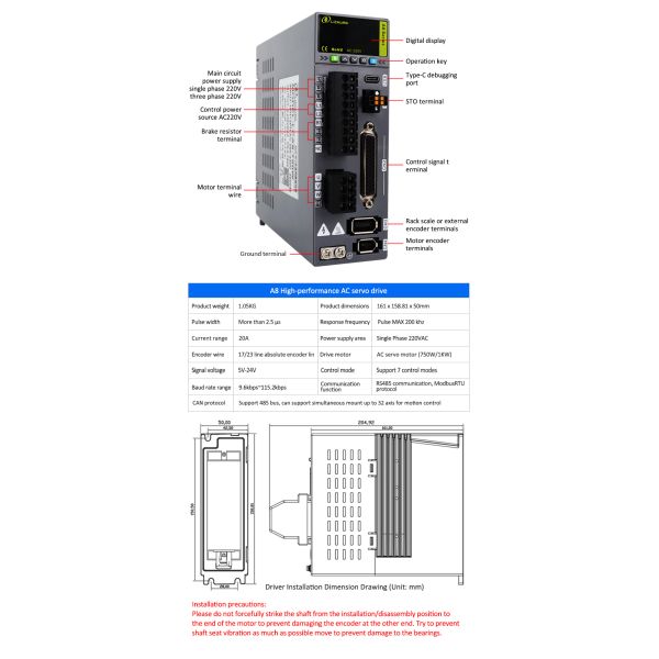 Lichuan AC Servo Motor Drivers Kit A8 High Accuracy STO ABZ 1001W 1KW 4.0N.m 220V 4.6A 2500/3000RPM IP65