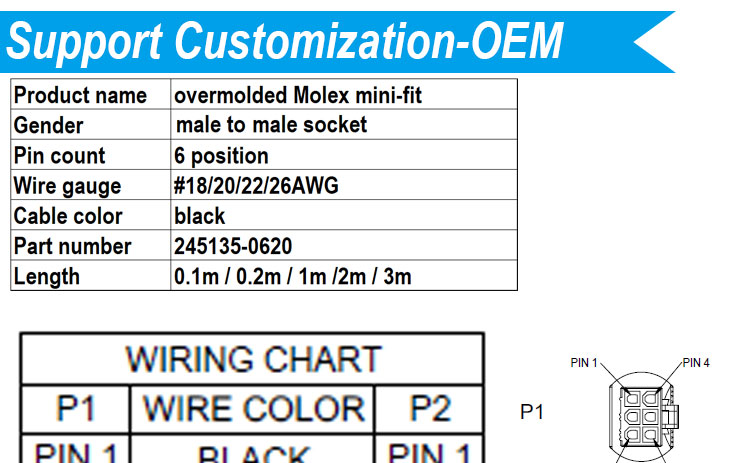 Customization Overmolded Male to Male Female 6 Pin 2451350620 Molex Mini-Fit 4.2mm Pitch Connector Assembly Cable