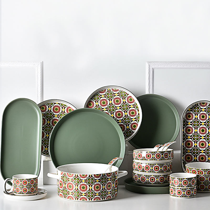Kitchen Tabletop Ceramic Plates Set Bohemian Style Print Dinner Plate Dessert Plate