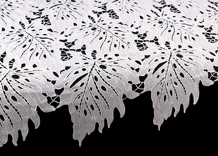 125cm Poly Milk Polyester Lace Fabric Leaf Design / Guipure Embroidered Fabric For Dresses