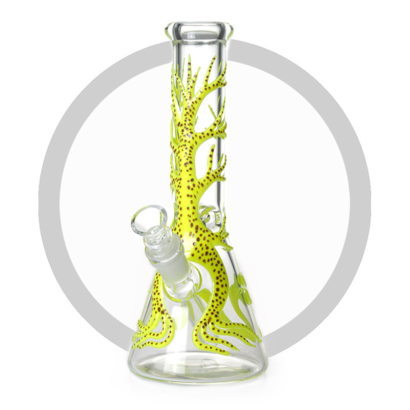 Beaker Bong With Luminous Yellow Tree And Snake UV Glass Smoking Water pipes Hookah