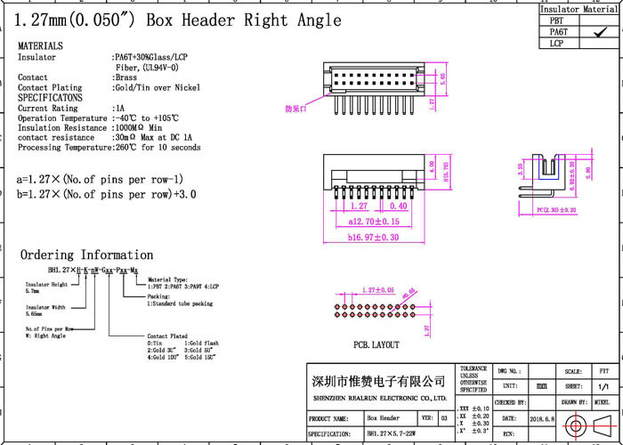 High Temperature PCB Header Connector 1.27mm Pitch Right Angle 1.0AMP
