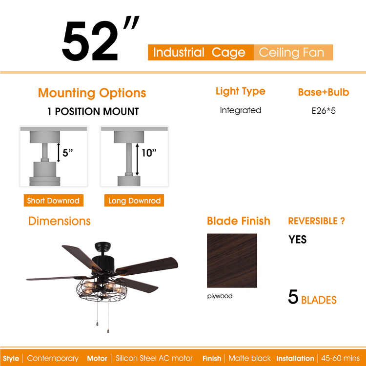 High Quality 52 Inches Performance Decorative Pull Switch Celling Fan With Light
