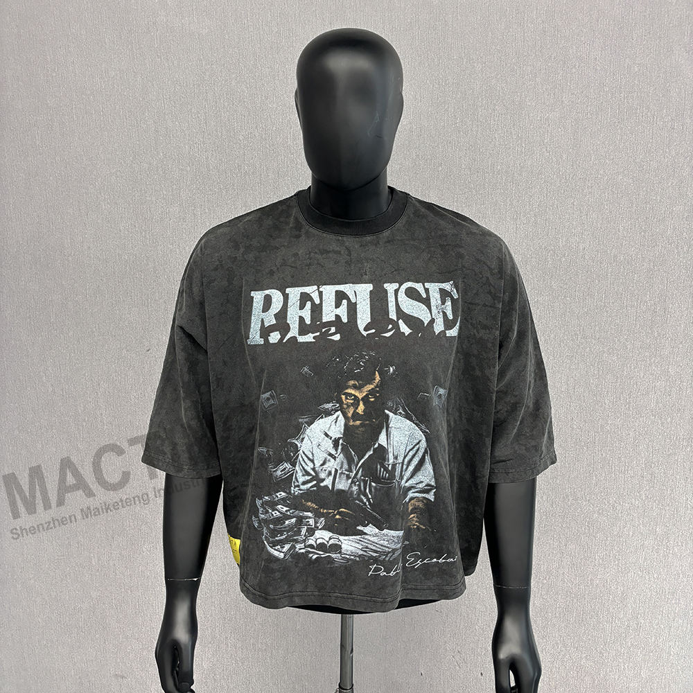 Vintage Acid Wash Boxy Cropped Printed T Shirt for Men's Custom Streetwear in Black Color
