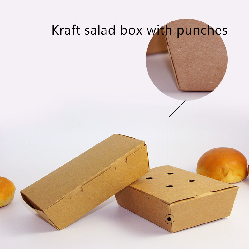 Salad Kraft Paper Take Away Box Microwavable Disposable With Punches