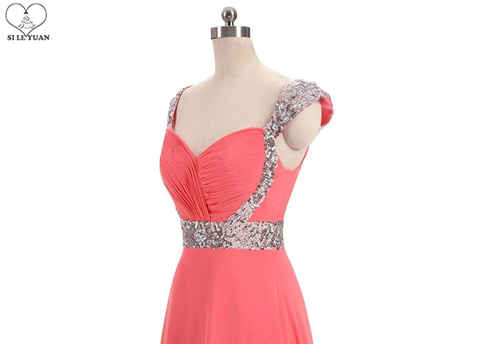 Silver Sequin A Line Ball Gown , Coral Red Chiffon Sweetheart Backless Prom Dress