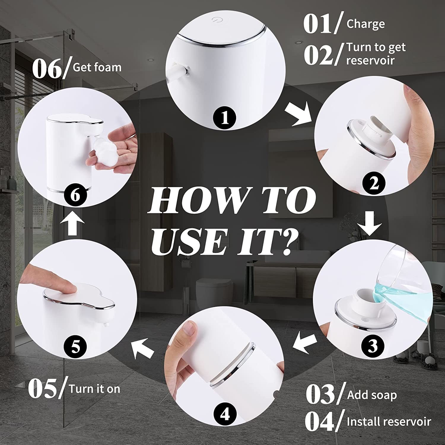 10oz Touchless Automatic Rechargeable Soap Dispenser With Adjustable Volume Control