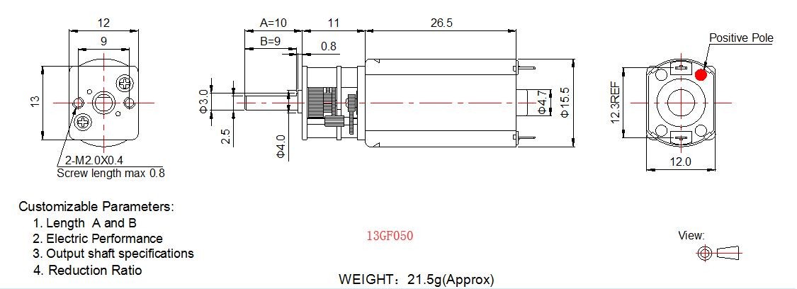 6v 12 Volt DC Motor High Torque , Mini Metal Square Gear Motor 13mm Diameter