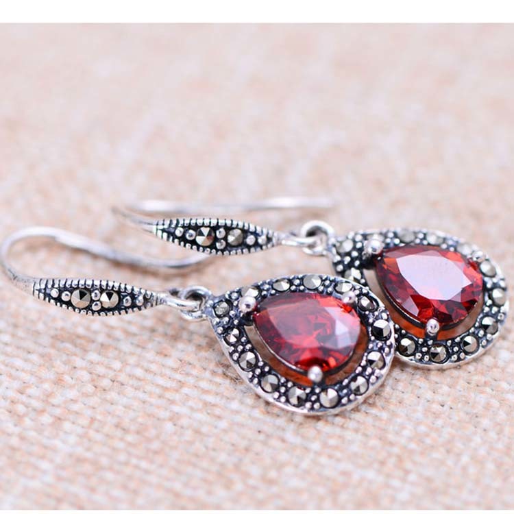 Sterling Silver Synthetic Garnet Marcasite Retro Drop Earrings(XH0305)