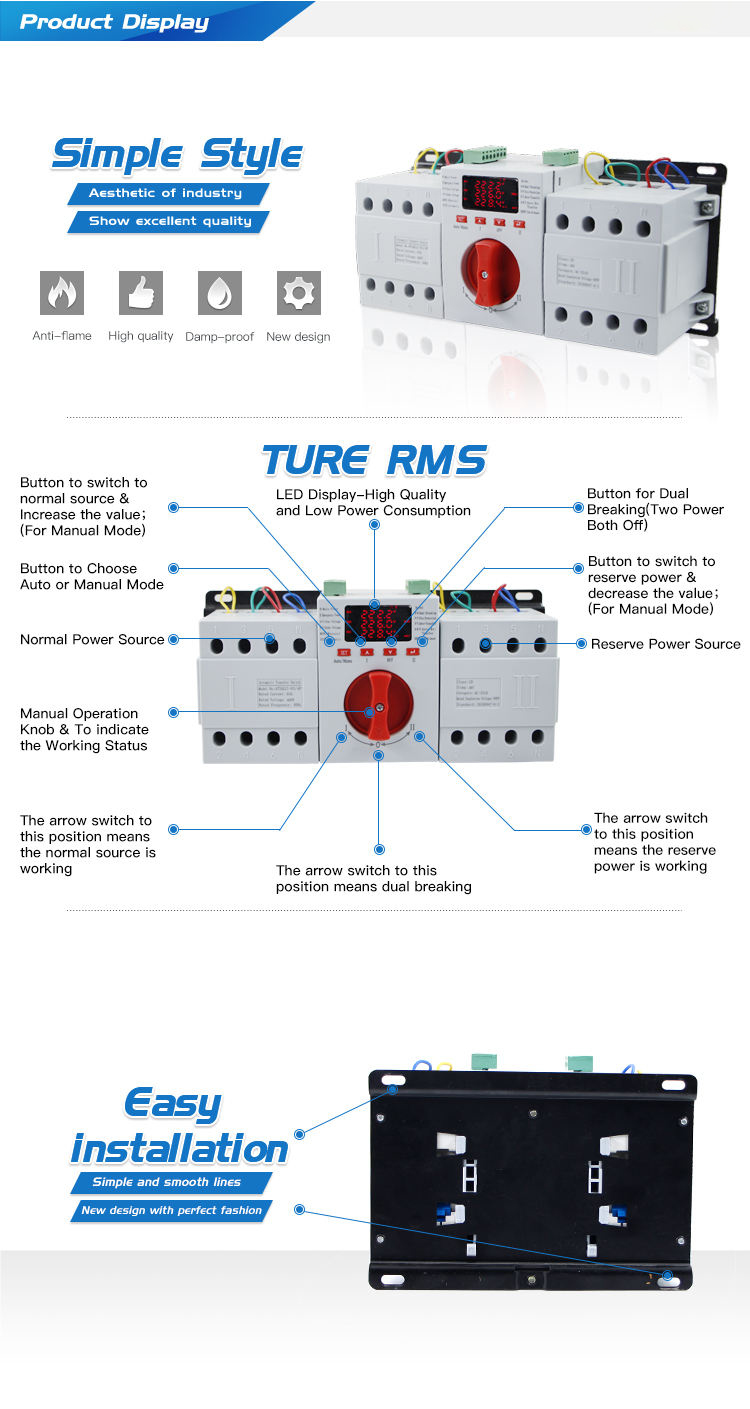 Intelligent Good quality 63A LED display dual(double) power automatic transfer switch
