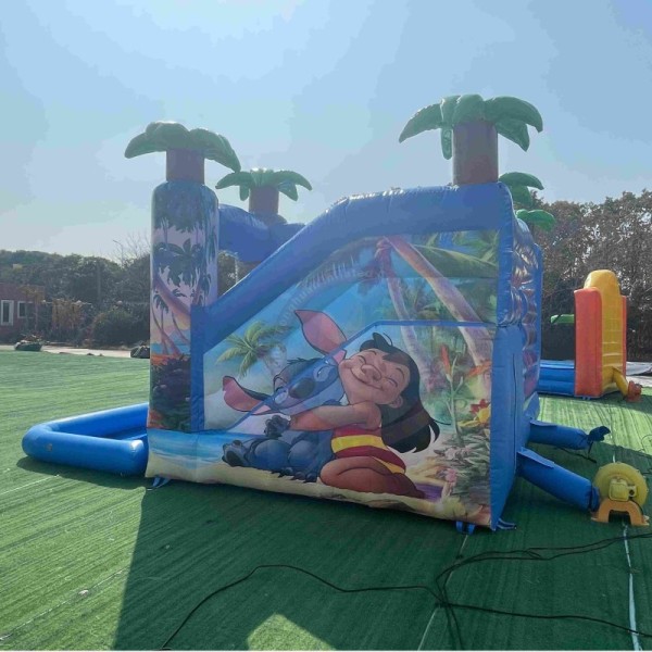 Inflatable Bounce House Combo With Water Pool Slide And Palm Tree Theme Designed for Backyard Parties Carnivals Park Activities And Commercial Rental