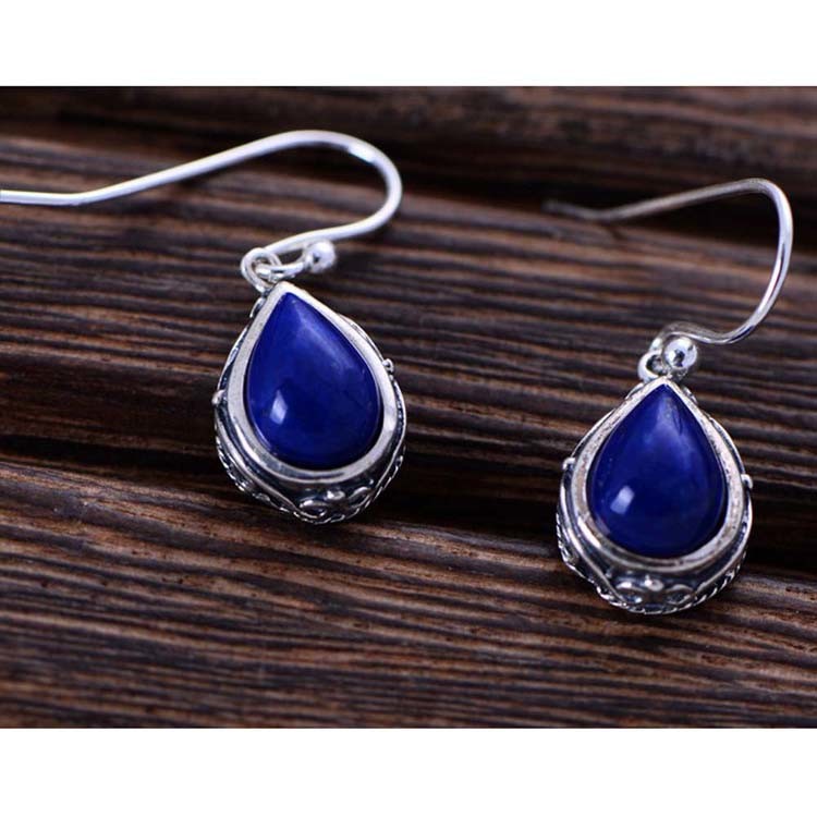 Thai Sterling Silver Natural Lapis Lazuli Drop Dangel Retro Earrings (043143W)
