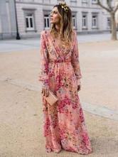 Quality Long Sleeve Floral Casual Dress OEM Polyester V Neck Maxi Dresses for sale