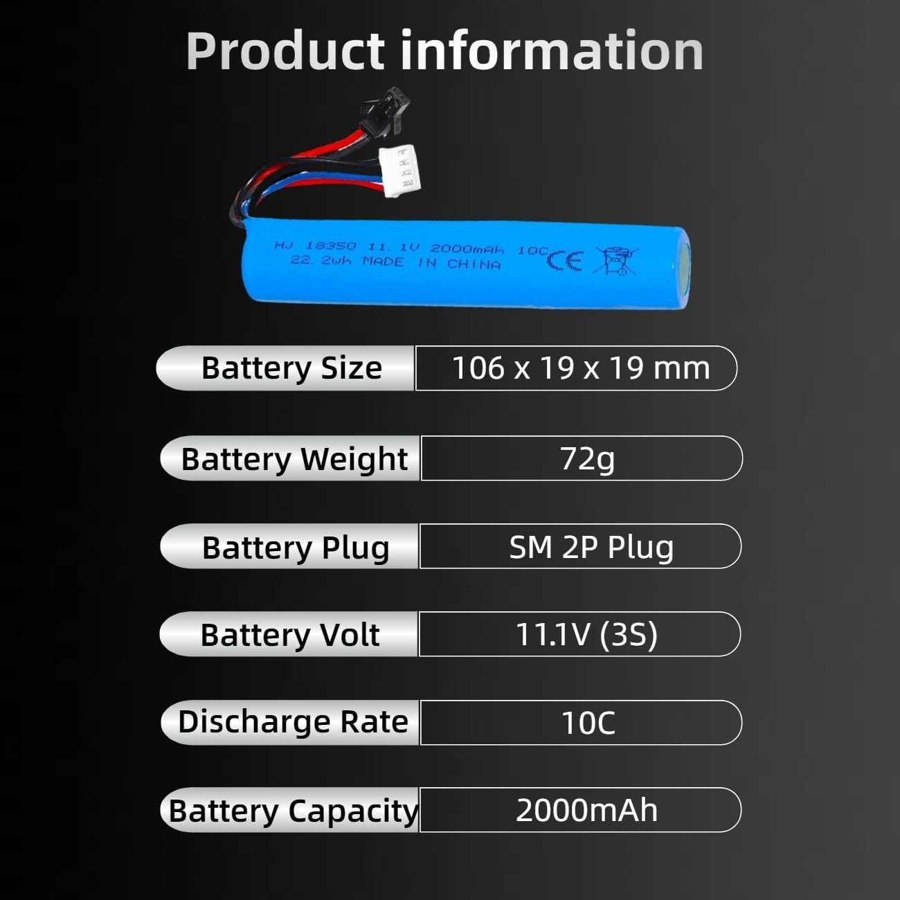 High Capacity Li-Ion Battery for Airsoft Gun Splatter Ball Gun Battery 11.1V 2000mah