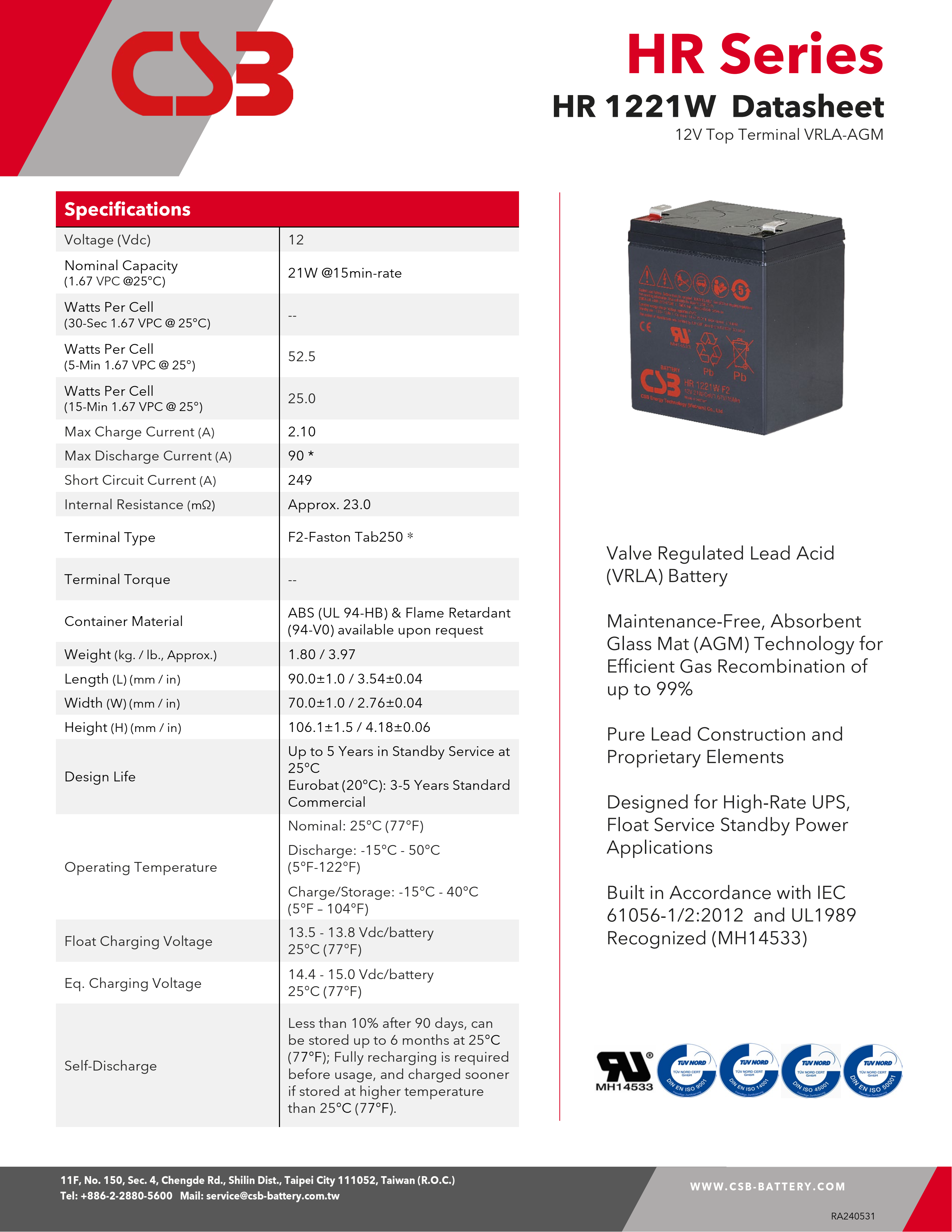 CSB Battery HR1221W 12V 21W High Performance Rechargeable Lead-Acid Dry Batteries for Electric Power