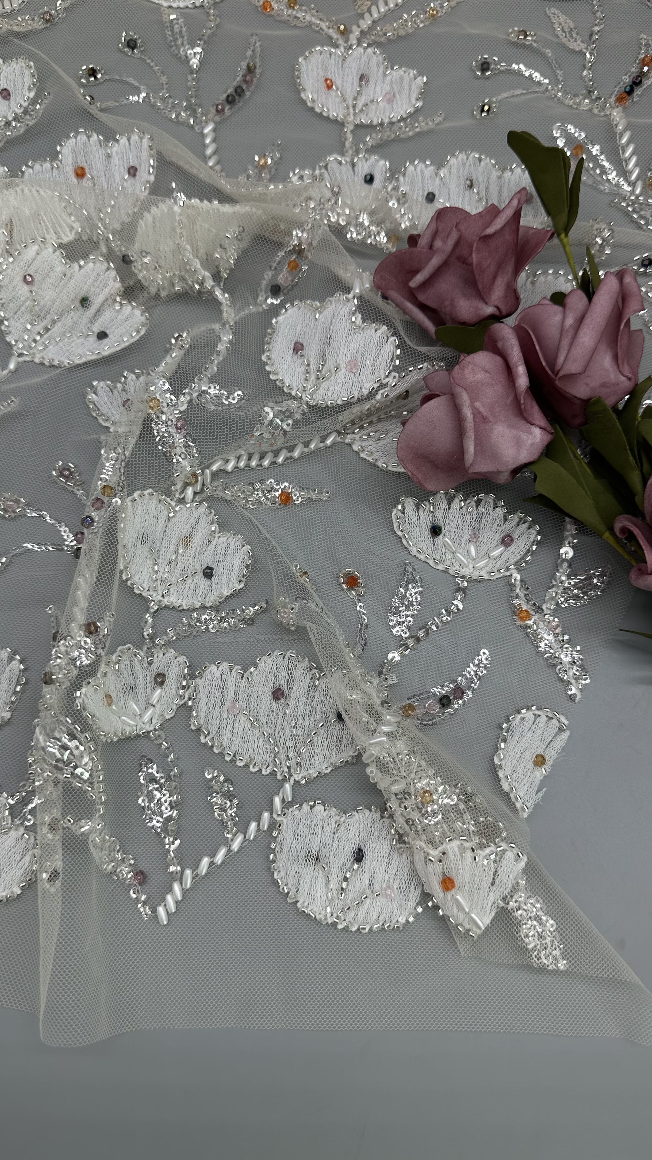 Bead Luxury Leafy Mesh Ground Embroidered Sequin Fabric Floral For East Culture Occasion