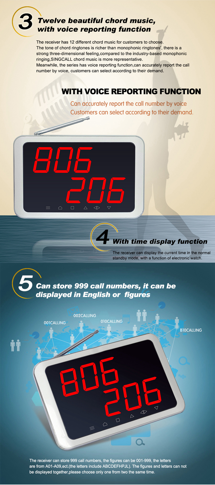 Wireless restaurant calling system number display receiver with menu stand call button