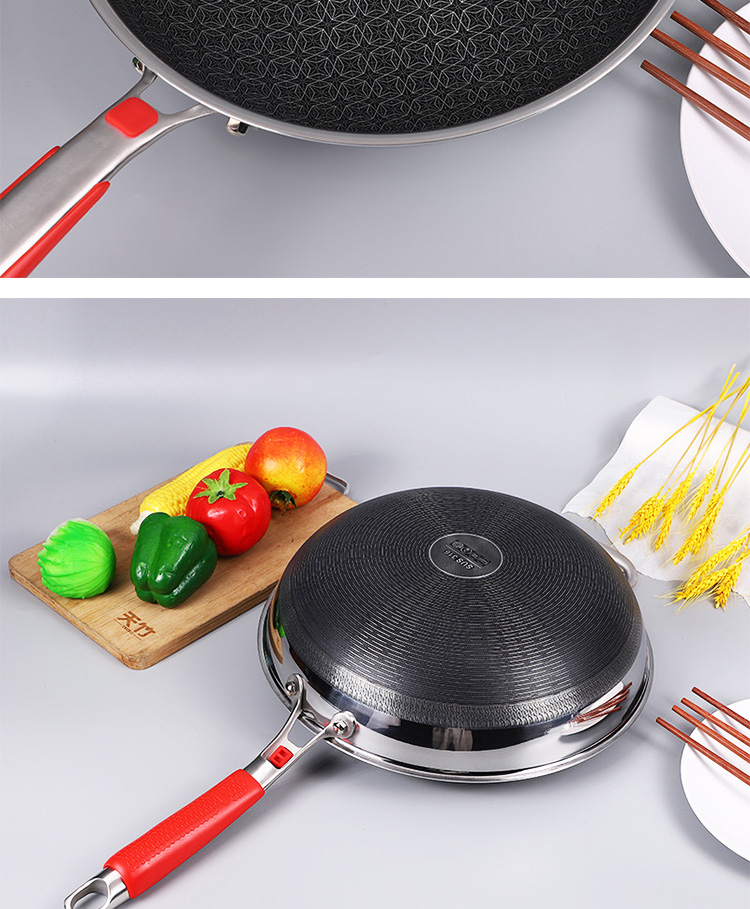 Wholesale Honeycomb Non Stick Fry Pan Cooking Pot 18/10 Stainless Steel Wok Pan With Glass Cover