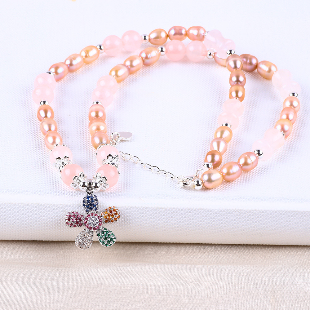 Fresh Water Pearl Necklace Rose Quartz 6mm Beads Crystal Sweater Necklace