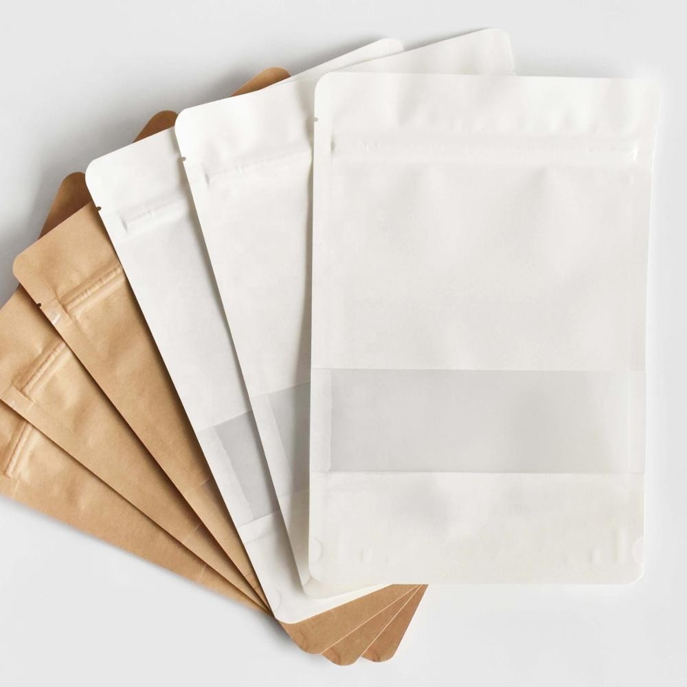 White Kraft Craft Paper Standing Up Pouches Food Packaging Zipper Bags With Window