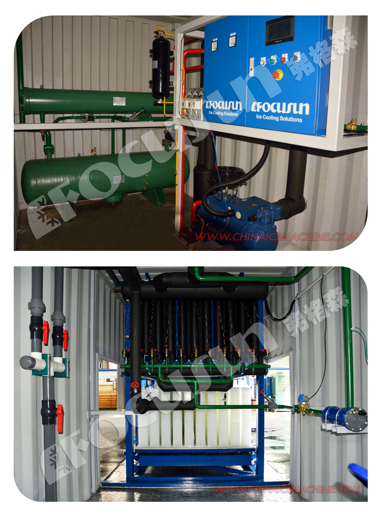 R22 / R404A / R507 Refrigerant 10 Tons Containerized Direct Cooling Block Ice Machine