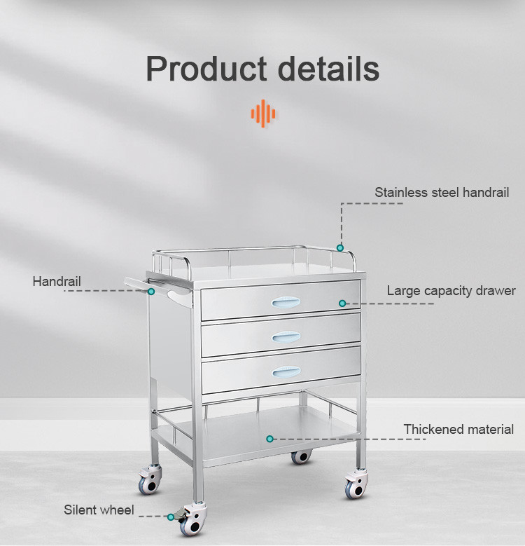 Hospital 2 Drawers And 1 Cabinet Stainless Steel Medical Medicine Trolley