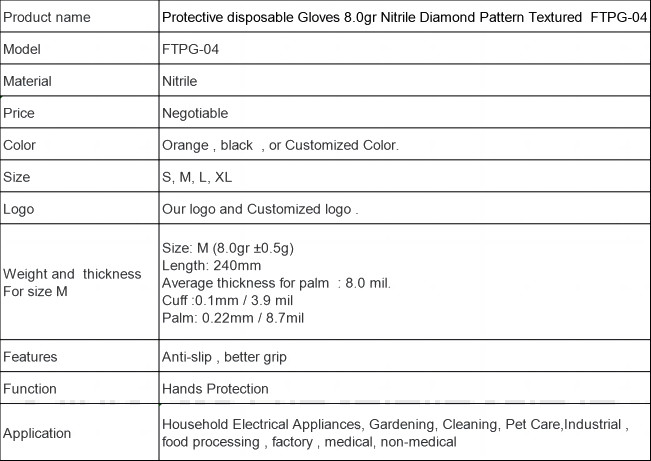 8.0gr Nitrile Protective Disposable Gloves Diamond Pattern Disposable Safety Gloves
