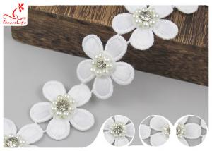 Quality 3D Floral Embroidered Trim With Bead Diamond For Dress Decoration 3.5 CM Width for sale