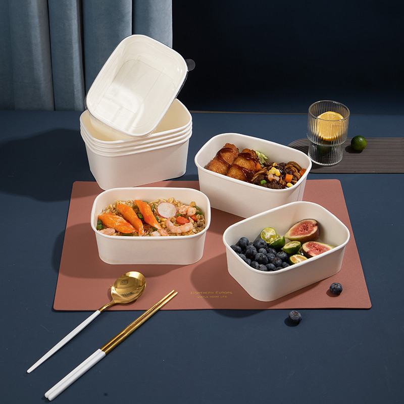Waterproof disposable biodegradable Kraft Food Grade Paper Customized Printing Square Rectangular bowls with lid
