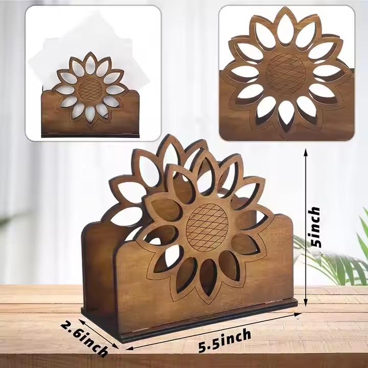 New Creative Sunflower Carved Solid Wood Napkin Holder Stylish Wooden Tissue Dispenser for Restaurant Table Decoration