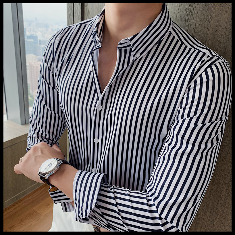 Stand Collar Polyester Cotton Slim Formal Long Sleeve Shirts With Stripes For Men