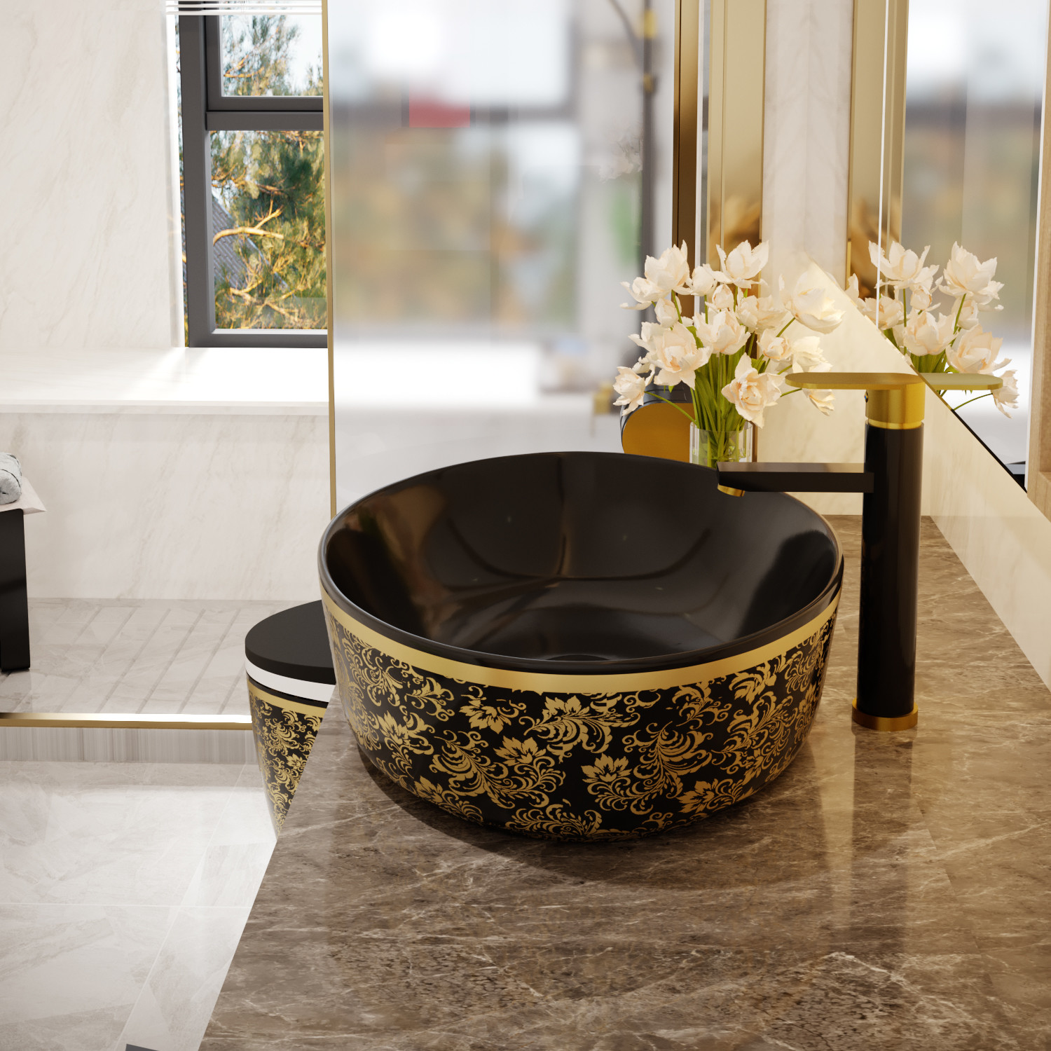 Gold Electroplate Art Sanitary Ware Basin Table Top Round Shape