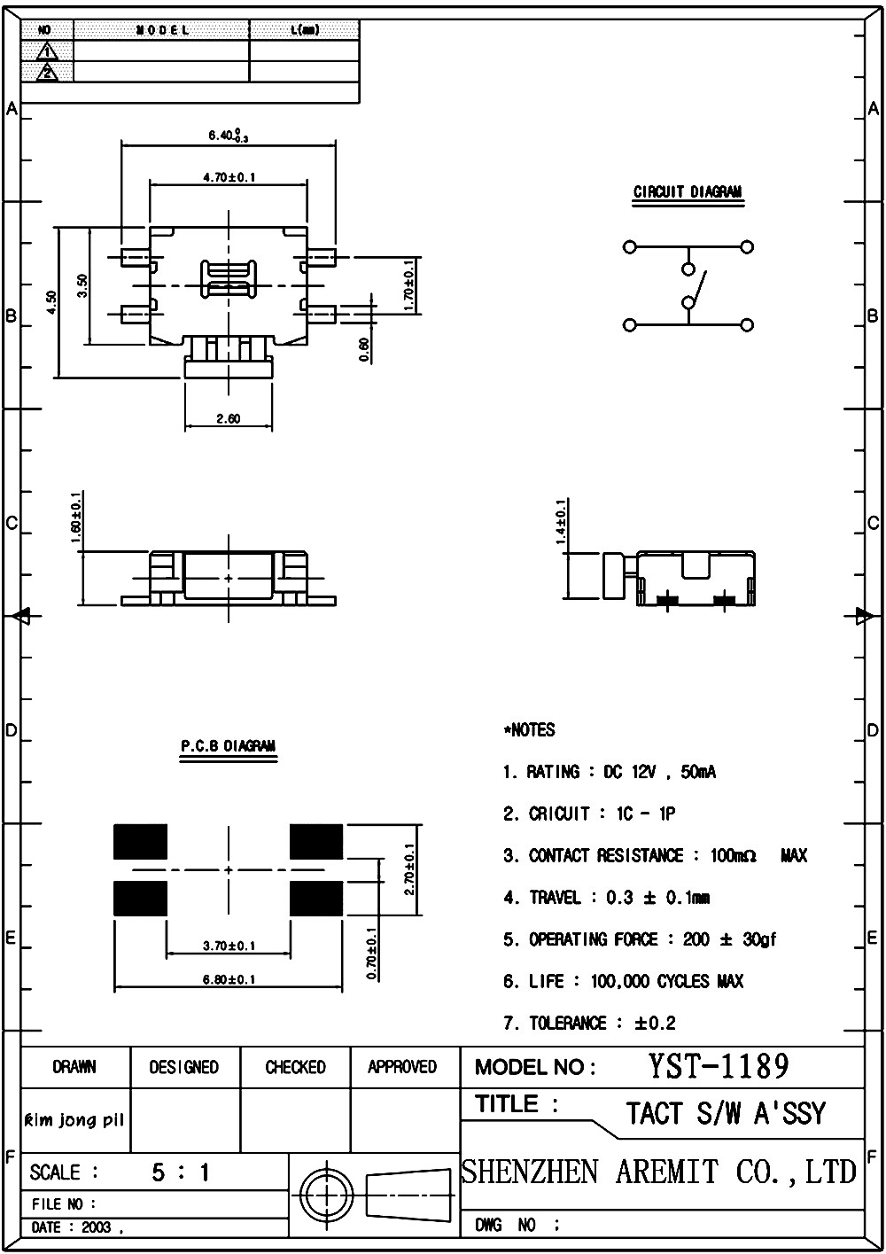 Smt Tact Switch YST-1189
