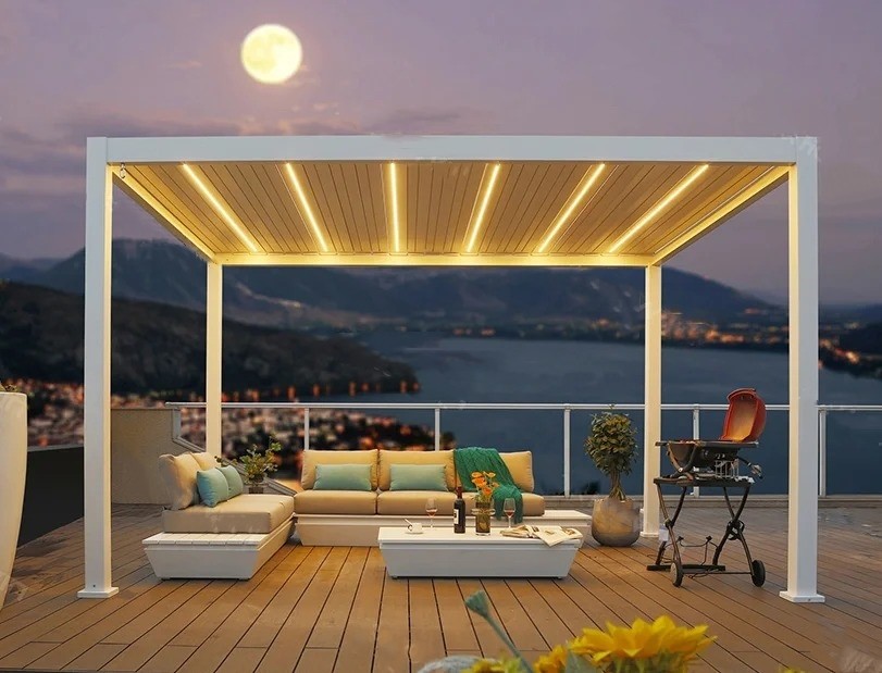 Outdoor Louvered Pergola With Auto Adjustable Aluminum Rainproof Roof