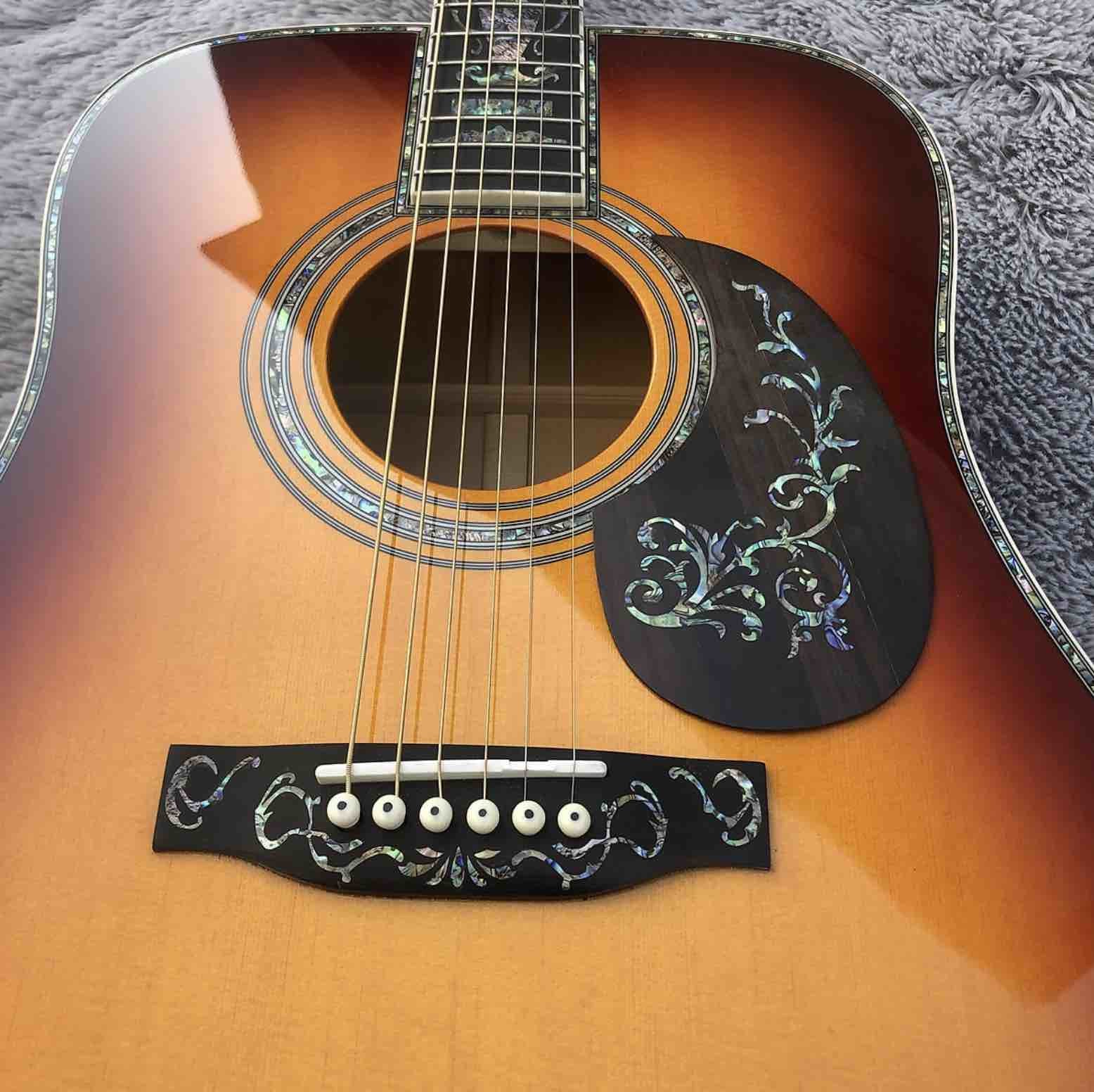 41" Solid Spruce Top Abalone D Style Acoustic Guitar with Burst Maple Body Ebony Fingerboard