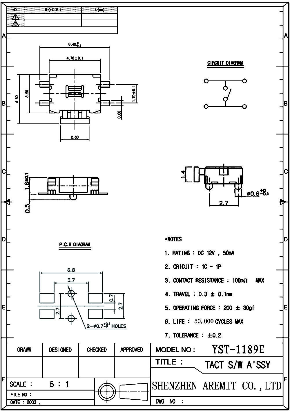 Smt Tact Switch YST-1189E