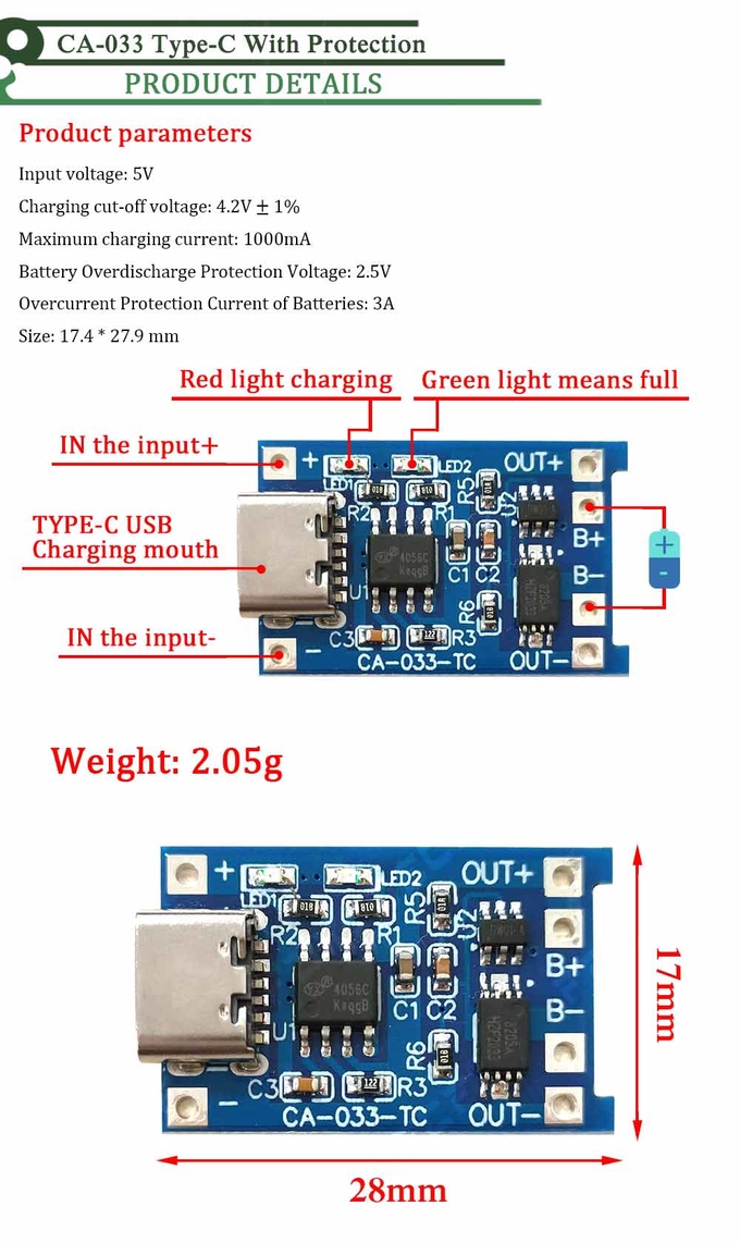 CA-033 Micro Type-c USB 5V Charging Board with Dual Functions 1A Li-ion Lithium Battery Charger Module 18650 TP4056 Standard