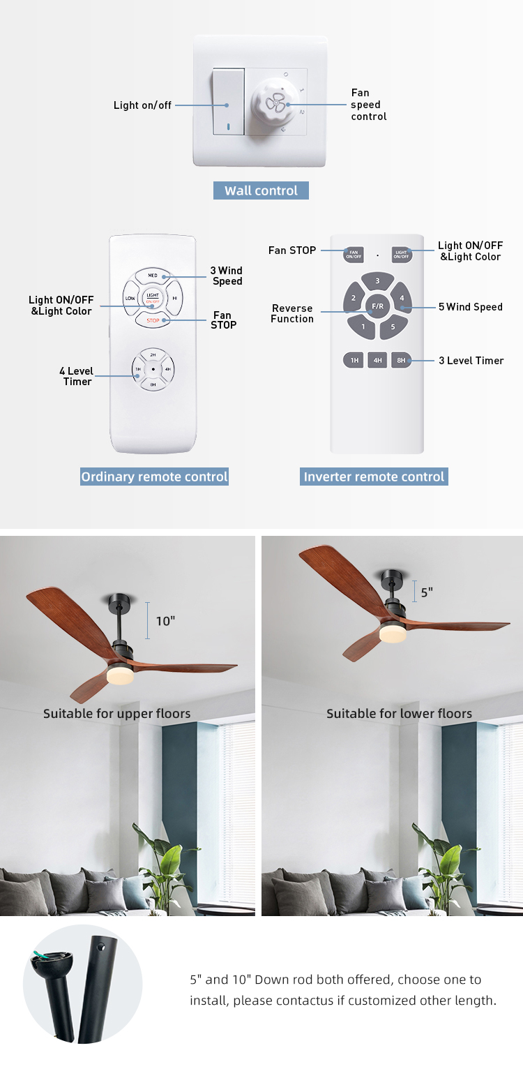 Fashion Adjustable 65W 60 Inch 3 Blade Ceiling Fan Light 1500lm