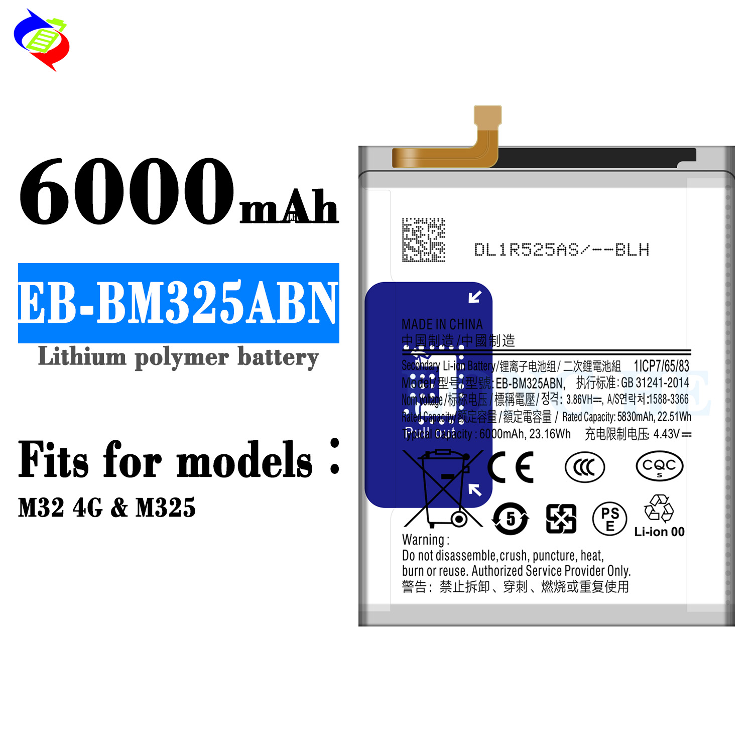 6000mAh Capacity Gray Rechargeable Replacement Battery for Samsung M32 4G EB-BM325ABN