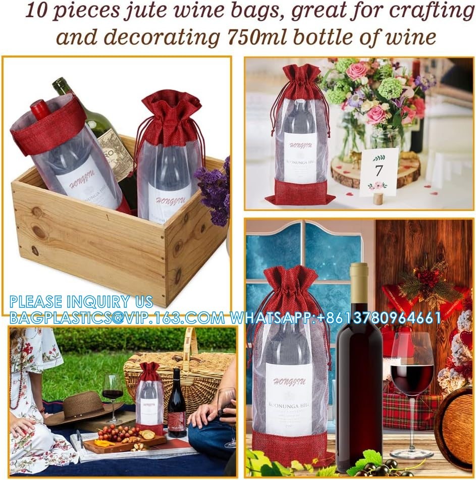 Organza Gift Bags, Jute Red Wine Bags, Burlap Bottle Pack 750ml With Sheer Window Organza Hessian Drawstring Bags