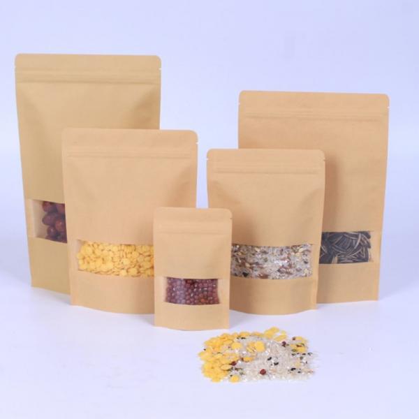 Buy Standing Up Food Grade Brown Kraft Paper Zipper Poly Bags with Clear Window at wholesale prices