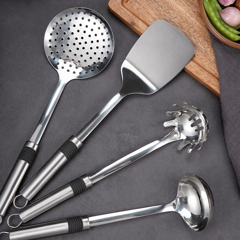 High grade Custom 6PCS set Kitchen tool with tray Stainless steel ladle turner fork spaghetti spoon for kitchen cook