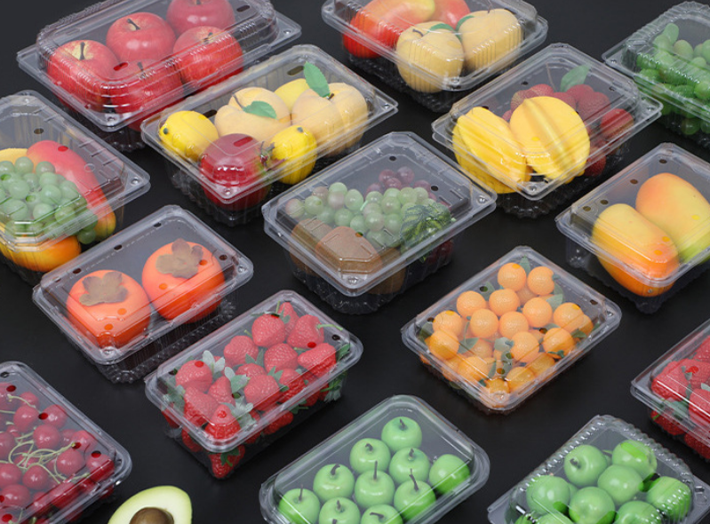 Hinged plastic container for fruits
