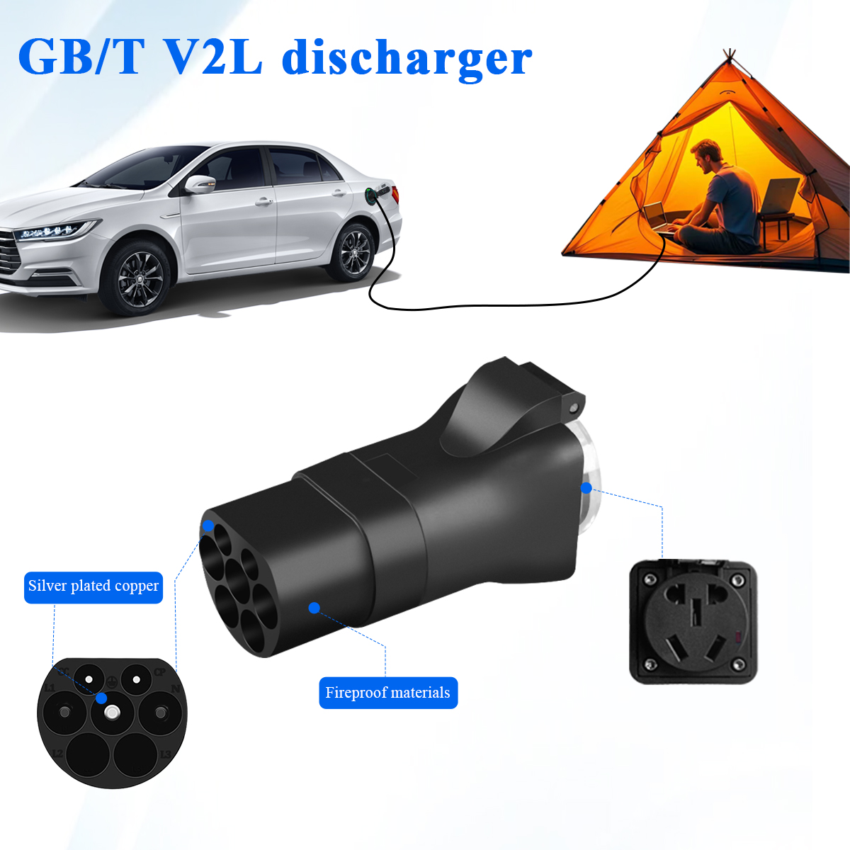 GBT V2L 3.5KW Portable EV Adapter AC Discharger for Vehicle Load Electric Discharge IP 55 GRADE Cable 16A Plug Condition