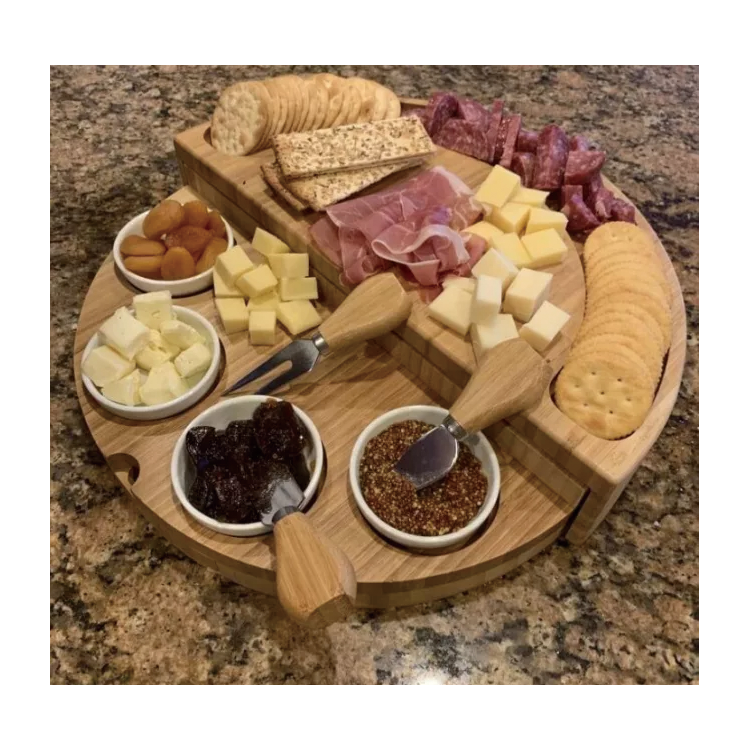 Best Gift Bamboo Tray Multi-function Round Shape Cheese Cutting Board with Knife Set